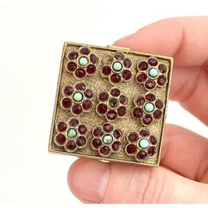 Linda Levinson Rhinestone Vintage Square Gold Toned Trinket Jewelry | Ring Box